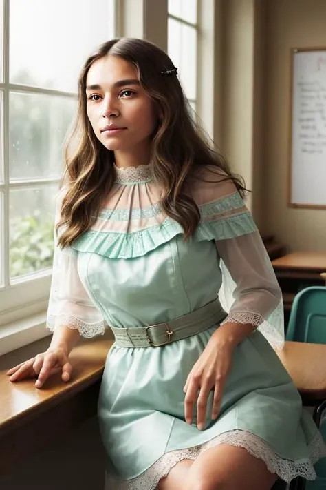 (masterpiece:1.4),ultra-detailed,(best quality), illustration, (Depth of field) (masterpiece, best quality), female hundred years old, delicate, native american, brown eyes, square jaw, hollow cheeks, unusual face shape, sculpted quadriceps, , mint green tousled waves hair, contempt wearing lace g-string, bardot top, veil,, hand on waist, placing a hand on the waist with a confident look, exuding allure and elegance, rainy window lighting, soft, diffused light through raindrops on a window, creating a cozy and intimate mood, a cheerful school classroom, with students working together and a passionate teacher