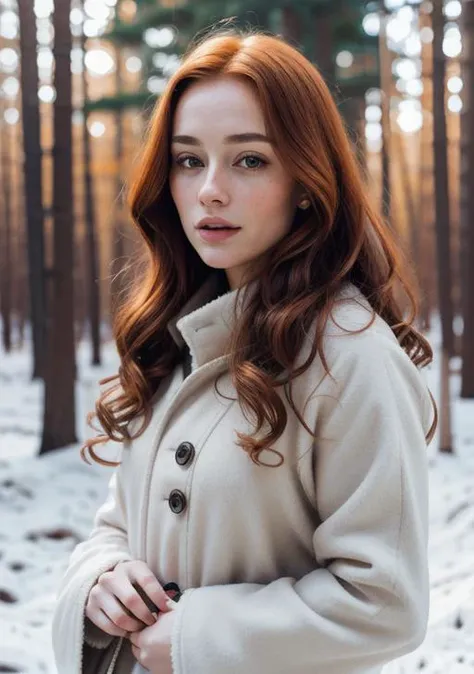 foxie european woman, ginger hair, winter forest, natural skin texture, 24mm, 4k textures, soft cinematic light, adobe lightroom, photolab, hdr, intricate, elegant, highly detailed, sharp focus, ((((cinematic look)))), soothing tones, insane details, intricate details, hyperdetailed, low contrast, soft cinematic light, dim colors, exposure blend, hdr, faded