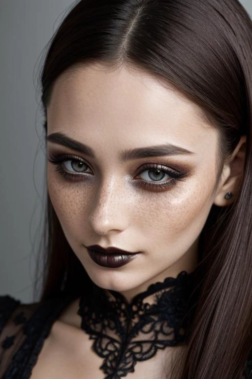 close-up shot, woman, gothic make-up, detailed skin, light freckles, shallow depth of field, OverallDetail <lora:more_details:0.3> , shiny, shiny hair, shiny skin, shiny clothes