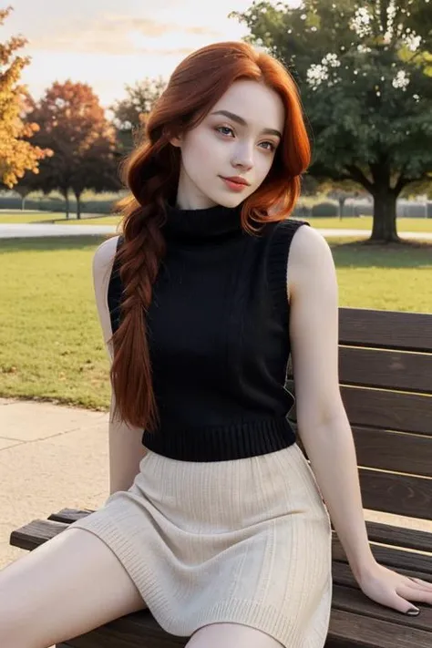 instagram photo, upper body photo of 18 years old Lisa, pouted mouth, dressed in virgin killer sweater, sleeveless, backless, knitted, long red hair, braided, pale skin, happy, sitting on a bench in a park, soft, seductive pose, sexy, beautiful eyes, hard shadows, dark, sunset, overexposed filter