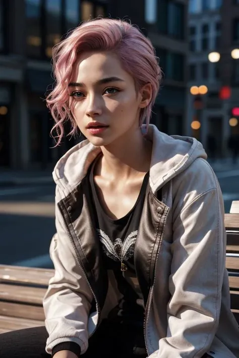 epiCRealism EyeDetail FaceDetail SkinHairDetail woman with pink hair and black jacket, photorealistic render, ultra detailed android woman, beautiful young girl, hyperreal render, gray-haired, young woman infp, stunning render, Sitting on a bench in a cyberpunk city.