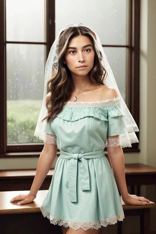(masterpiece:1.4),ultra-detailed,(best quality), illustration, (Depth of field) (masterpiece, best quality), female hundred years old, delicate, native american, brown eyes, square jaw, hollow cheeks, unusual face shape, sculpted quadriceps, , mint green tousled waves hair, contempt wearing lace g-string, bardot top, veil,, hand on waist, placing a hand on the waist with a confident look, exuding allure and elegance, rainy window lighting, soft, diffused light through raindrops on a window, creating a cozy and intimate mood, a cheerful school classroom, with students working together and a passionate teacher