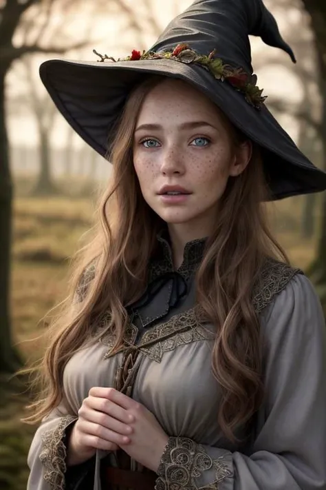 photorealistic, 35mm, intricate details, hdr, intricate details, hyperdetailed, natural skin texture, hyperrealism, sharp, 1 girl, adult (elven:0.7) woman, freckles, grey eyes, chestnut layered hair, portrait, looking down, solo, half shot, detailed background, witch hat, witch, magical atmosphere, hair flowing in the wind, red trimmed light colored clothes, whirlwind of swirling magic spell in the air, dark magic, (style-swirlmagic:0.8), floating particles,