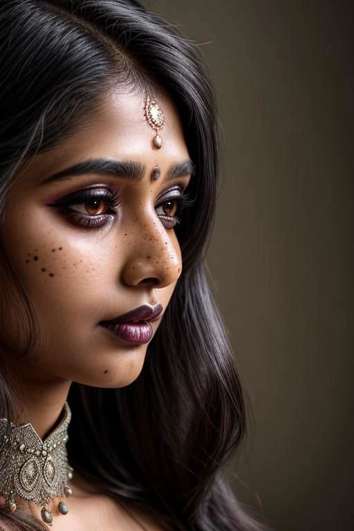 Profile picture close-up shot, Indian woman, gothic make-up, detailed skin, light freckles, shallow depth of field, universal Overall Details <lora:more_details:0.3> , shiny, long shiny hair, shiny skin, shiny clothes