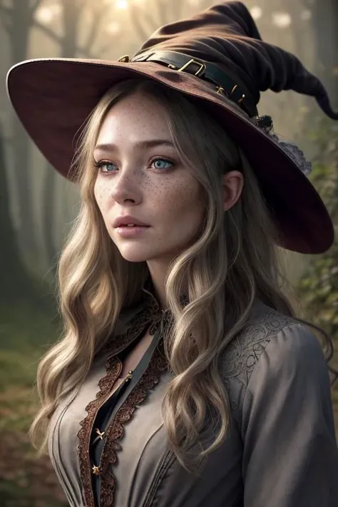 photorealistic, 35mm, intricate details, hdr, intricate details, hyperdetailed, natural skin texture, hyperrealism, sharp, 1 girl, adult (elven:0.7) woman, freckles, grey eyes, chestnut layered hair, portrait, looking down, solo, half shot, detailed background, witch hat, witch, magical atmosphere, hair flowing in the wind, red trimmed light colored clothes, whirlwind of swirling magic spell in the air, dark magic, (style-swirlmagic:0.8), floating particles,