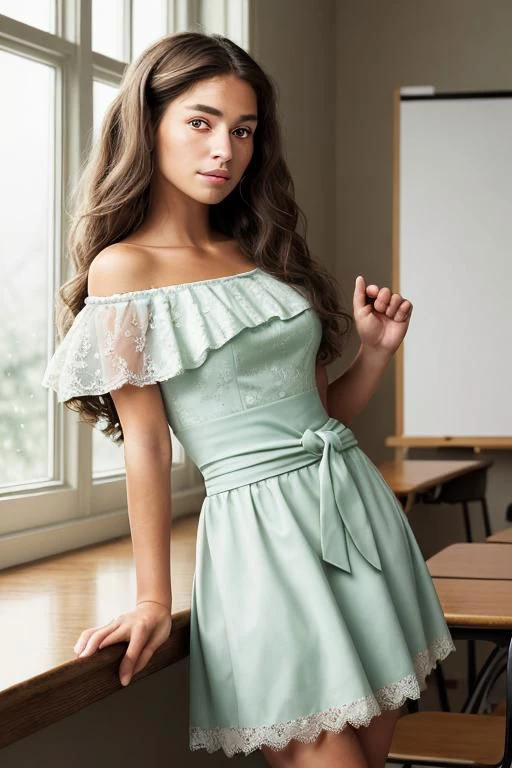 (masterpiece:1.4),ultra-detailed,(best quality), illustration, (Depth of field) (masterpiece, best quality), female hundred years old, delicate, native american, brown eyes, square jaw, hollow cheeks, unusual face shape, sculpted quadriceps, , mint green tousled waves hair, contempt wearing lace g-string, bardot top, veil,, hand on waist, placing a hand on the waist with a confident look, exuding allure and elegance, rainy window lighting, soft, diffused light through raindrops on a window, creating a cozy and intimate mood, a cheerful school classroom, with students working together and a passionate teacher