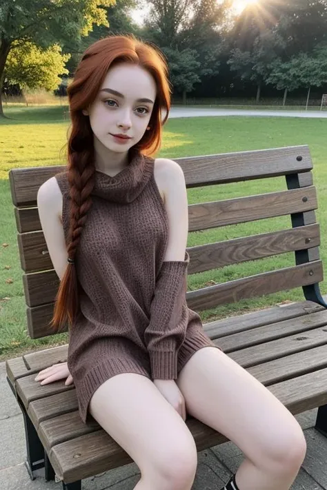 instagram photo, upper body photo of 18 years old Lisa, pouted mouth, dressed in virgin killer sweater, sleeveless, backless, knitted, long red hair, braided, pale skin, happy, sitting on a bench in a park, soft, seductive pose, sexy, beautiful eyes, hard shadows, dark, sunset, overexposed filter