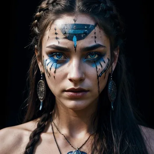 cinematic film still dramatic side lighting, dramatic intense stare closeup portrait, dark black background, hdr, dramatic beautiful warrior woman with warrior face paintings and blood, viking braids, blue eyes, pelt, skull necklace, shallow depth of field, vignette, highly detailed, high budget Hollywood film, cinemascope, moody, epic, gorgeous