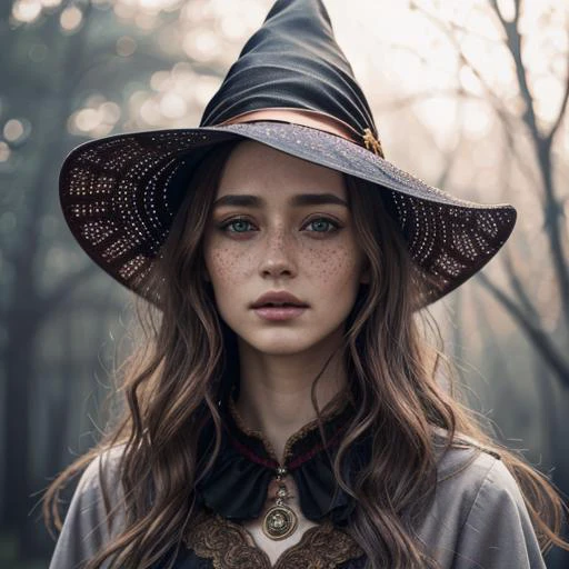 photorealistic, 35mm, intricate details, hdr, intricate details, hyperdetailed, natural skin texture, hyperrealism, sharp, 1 girl, adult (elven:0.7) woman, freckles, grey eyes, chestnut layered hair, portrait, looking down, solo, half shot, detailed background, witch hat, witch, magical atmosphere, hair flowing in the wind, red trimmed light colored clothes, whirlwind of swirling magic spell in the air, dark magic, (style-swirlmagic:0.8), floating particles,