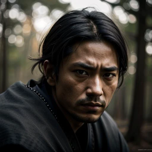 cinematic film still dramatic side lighting, dramatic intense stare closeup portrait, dark black background, hdr, a dramatic tired samurai rests after a battle, sitting on a fallen tree, photorealistic image,  pay special attention to shadows and facial detail.