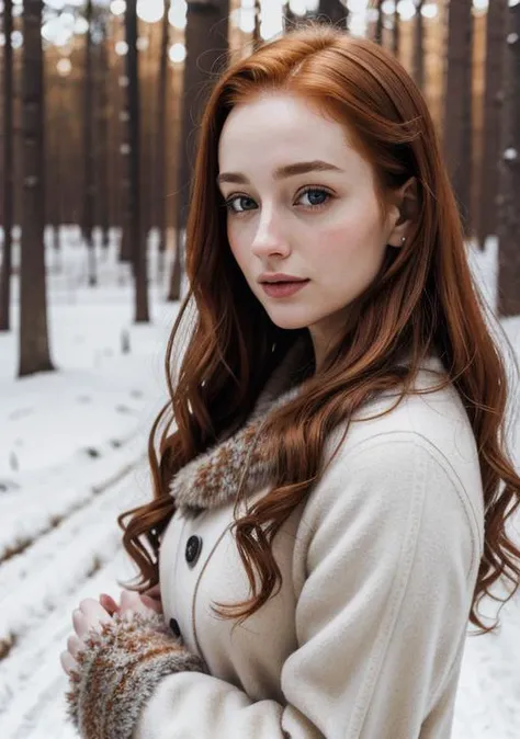 foxie european woman, ginger hair, winter forest, natural skin texture, 24mm, 4k textures, soft cinematic light, adobe lightroom, photolab, hdr, intricate, elegant, highly detailed, sharp focus, ((((cinematic look)))), soothing tones, insane details, intricate details, hyperdetailed, low contrast, soft cinematic light, dim colors, exposure blend, hdr, faded