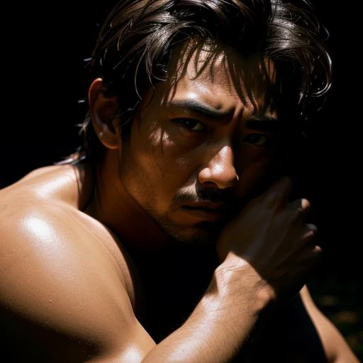 cinematic film still dramatic side lighting, dramatic intense stare closeup portrait, dark black background, hdr, a dramatic tired samurai rests after a battle, sitting on a fallen tree, photorealistic image, pay special attention to shadows and facial detail.