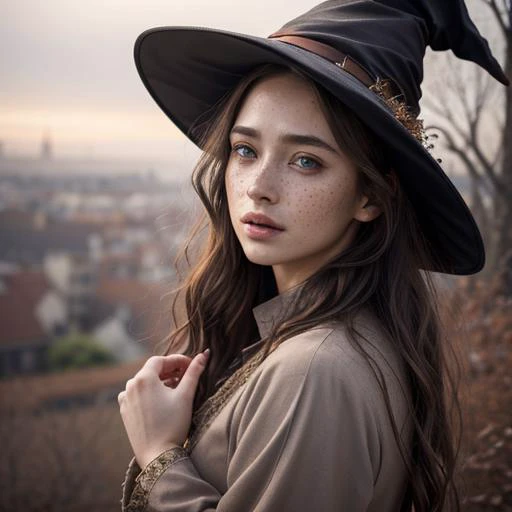 photorealistic, 35mm, intricate details, hdr, intricate details, hyperdetailed, natural skin texture, hyperrealism, sharp, 1 girl, adult (elven:0.7) woman, freckles, grey eyes, chestnut layered hair, portrait, looking down, solo, half shot, detailed background, witch hat, witch, magical atmosphere, hair flowing in the wind, red trimmed light colored clothes, whirlwind of swirling magic spell in the air, dark magic, (style-swirlmagic:0.8), floating particles,