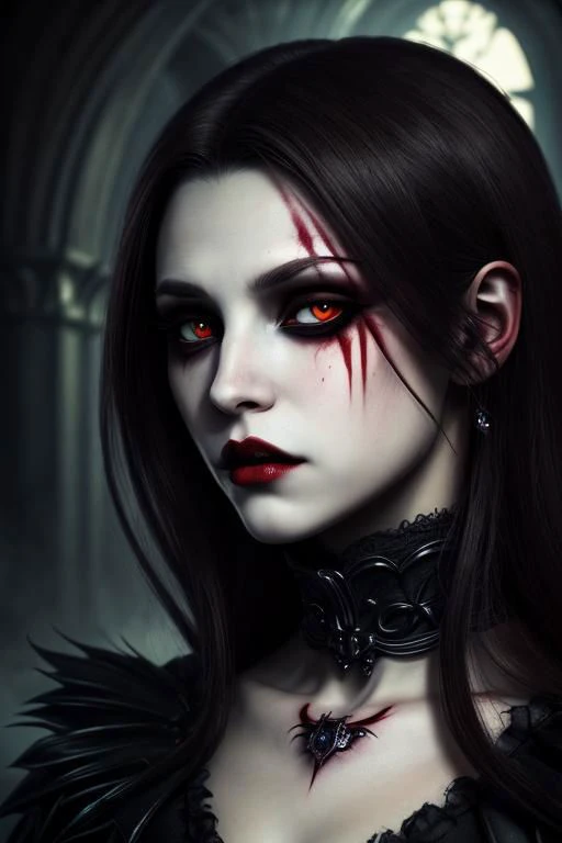 vampire (masterpiece:1.4),ultra-detailed,(best quality), illustration, (Depth of field) charming woman, (evil gaze, malicious), blood on lips, danger, hard shadows, looking at viewer
