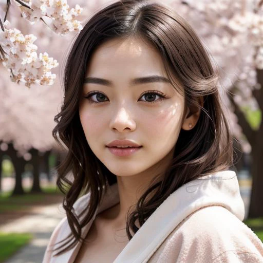 epiCRealism EyeDetail fcDetailPortrait fcPortrait fFaceDetail OverallDetail SkinHairDetailBeautiful Japanese woman, very beautiful face, large natural breasts, in a robe, against the backdrop of cherry blossoms, 8k image