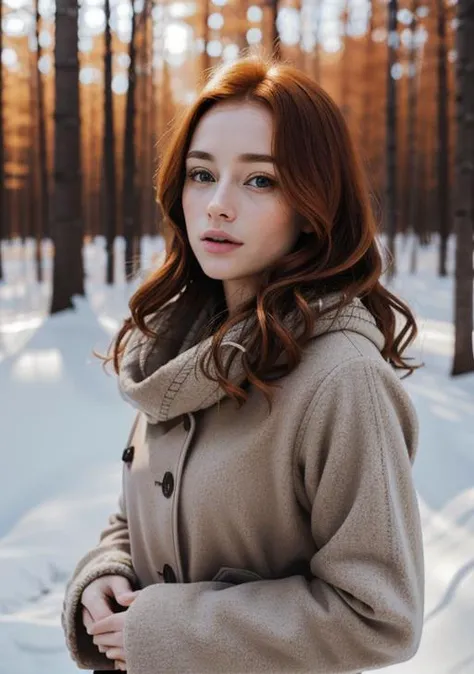 foxie european woman, ginger hair, winter forest, natural skin texture, 24mm, 4k textures, soft cinematic light, adobe lightroom, photolab, hdr, intricate, elegant, highly detailed, sharp focus, ((((cinematic look)))), soothing tones, insane details, intricate details, hyperdetailed, low contrast, soft cinematic light, dim colors, exposure blend, hdr, faded