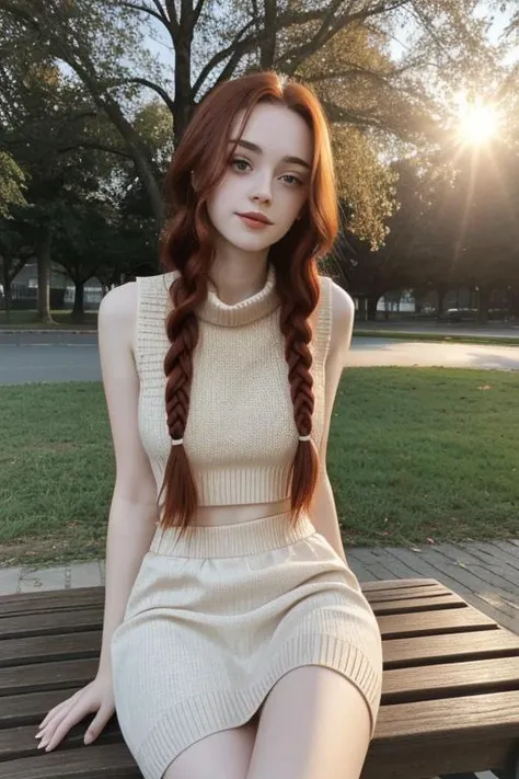 instagram photo, upper body photo of 18 years old Lisa, pouted mouth, dressed in virgin killer sweater, sleeveless, backless, knitted, long red hair, braided, pale skin, happy, sitting on a bench in a park, soft, seductive pose, sexy, beautiful eyes, hard shadows, dark, sunset, overexposed filter