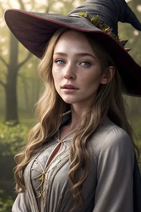 photorealistic, 35mm, intricate details, hdr, intricate details, hyperdetailed, natural skin texture, hyperrealism, sharp, 1 girl, adult (elven:0.7) woman, freckles, grey eyes, chestnut layered hair, portrait, looking down, solo, half shot, detailed background, witch hat, witch, magical atmosphere, hair flowing in the wind, red trimmed light colored clothes, whirlwind of swirling magic spell in the air, dark magic, (style-swirlmagic:0.8), floating particles,