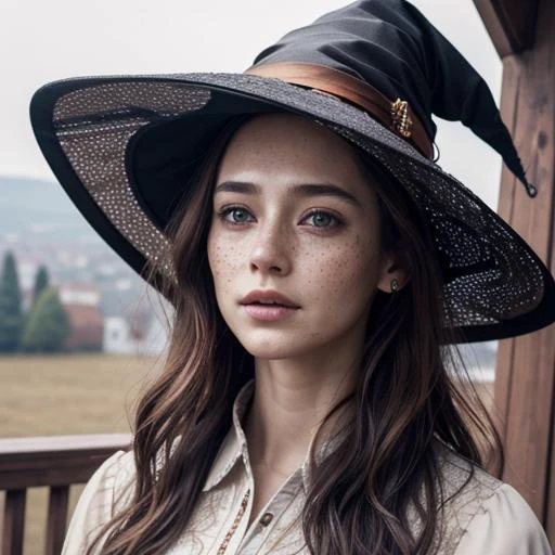 photorealistic, 35mm, intricate details, hdr, intricate details, hyperdetailed, natural skin texture, hyperrealism, sharp, 1 girl, adult (elven:0.7) woman, freckles, grey eyes, chestnut layered hair, portrait, looking down, solo, half shot, detailed background, witch hat, witch, magical atmosphere, hair flowing in the wind, red trimmed light colored clothes, whirlwind of swirling magic spell in the air, dark magic, (style-swirlmagic:0.8), floating particles,