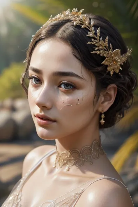 epiCRealism EyeDetail fcDetailPortrait fFaceDetail OverallDetail SkinHairDetail close-up. diamond girl statue, I'm a masterpiece, hyper-detailed, intricate detail, fantasy, layered, crafted from ancient stone, muted colors, digital illustration, close to perfection, dynamic, highly detailed, golden ratio, intricate, epic, highly detailed, vibrant, staged cinematic Rendering characters, super high quality model, high quality, super detailed, volumetric sunburst lighting, tropical forest in the background, hyper realistic illustration, intricate, elegant, highly detailed, octane rendering