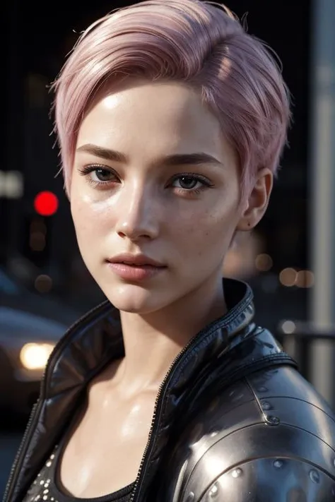 epiCRealism EyeDetail FaceDetail SkinHairDetail woman with pink hair and black jacket, photorealistic render, ultra detailed android woman, beautiful young girl, hyperreal render, gray-haired, young woman infp, stunning render, Sitting on a bench in a cyberpunk city.