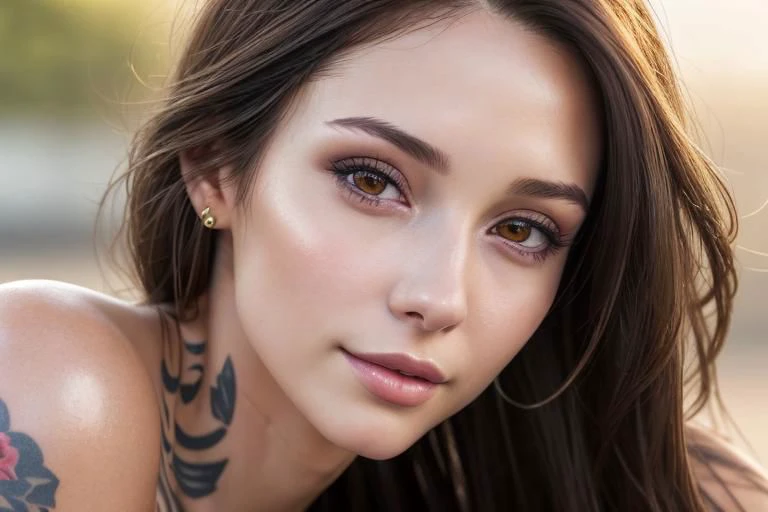 close-up shot, brunette ,cover photo  , slim woman, looking strait ,with tatoos  no make-up, detailed skin, shallow depth of field, OverallDetail <lora:more_details:0.3> , shiny, shiny hair, shiny skin, shiny clothes