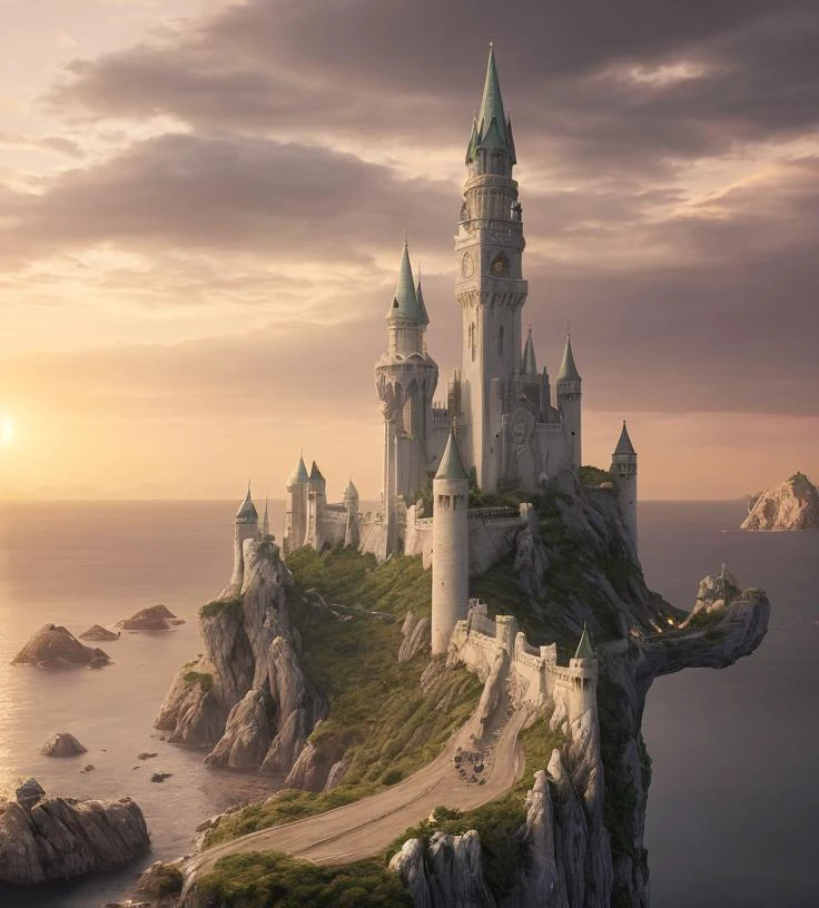 fantasy art, 8K, masterpiece of a large and very tall ivory castle, highly polished ivory white, with tall minarets flying a sovereign flag, with dark green dragon scale shingles rooftops, sitting on a tall rock island in the bay, fire red cloudy sky at dusk, twilight lighting, evening, candles are lit inside, high clouds with the sun shining just above the horizon, sun flares