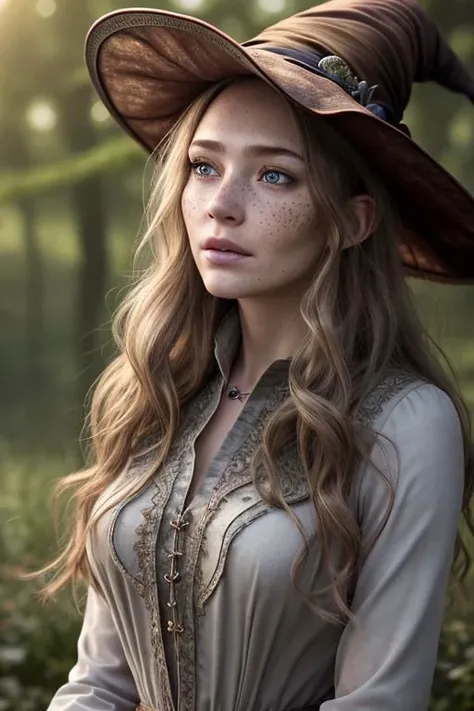 photorealistic, 35mm, intricate details, hdr, intricate details, hyperdetailed, natural skin texture, hyperrealism, sharp, 1 girl, adult (elven:0.7) woman, freckles, grey eyes, chestnut layered hair, portrait, looking down, solo, half shot, detailed background, witch hat, witch, magical atmosphere, hair flowing in the wind, red trimmed light colored clothes, whirlwind of swirling magic spell in the air, dark magic, (style-swirlmagic:0.8), floating particles,