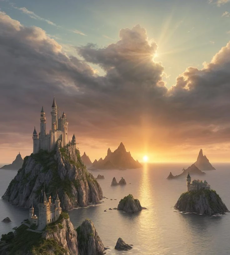 fantasy art, 8K, masterpiece of a large and very tall ivory castle, highly polished ivory white, with tall minarets flying a sovereign flag, with dark green dragon scale shingles rooftops, sitting on a tall rock island in the bay, fire red cloudy sky at dusk, twilight lighting, evening, candles are lit inside, high clouds with the sun shining just above the horizon, sun flares