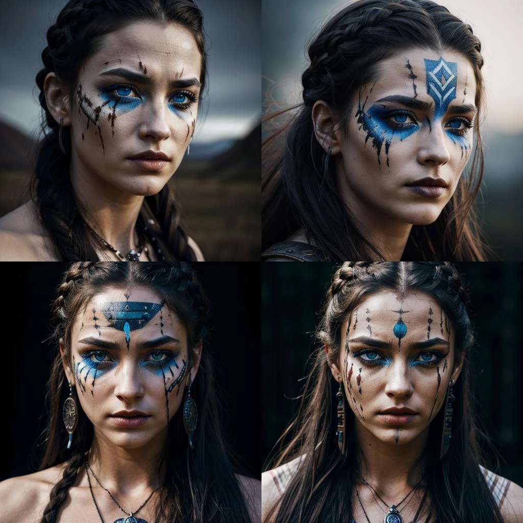 cinematic film still dramatic side lighting, dramatic intense stare closeup portrait, dark black background, hdr, dramatic beautiful warrior woman with warrior face paintings and blood, viking braids, blue eyes, pelt, skull necklace, shallow depth of field, vignette, highly detailed, high budget Hollywood film, cinemascope, moody, epic, gorgeous