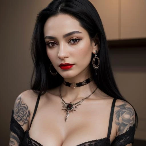 epiCRealism, highres,8k, a close up shot of a young woman with long black hair wearing black clothing, 1girl, solo, jewelry, black hair, long hair, breasts, earrings, gloves, tattoo, red lips, looking at viewer, fingerless gloves, necklace, cleavage,tattoo irezumi