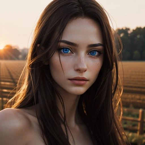 RAW, analog style, A stunning portrait of a young, beautiful woman with striking features. She should have long, flowing hair, a captivating gaze, and an alluring expression. The background should be farming landscape with a beautiful sunset. Please pay close attention to the details, such as the highlights and shadows on her face and hair, to create a lifelike and realistic image. Experiment with different lighting techniques to enhance the mood and atmosphere of the portrait. The final product should be a masterpiece that captures the essence and beauty of the woman, ((highly detailed skin, skin details)), sharp focus, volumetric fog, 8k UHD, DSLR, high quality, film grain, Fujifilm XT3, blue eyes, naked
