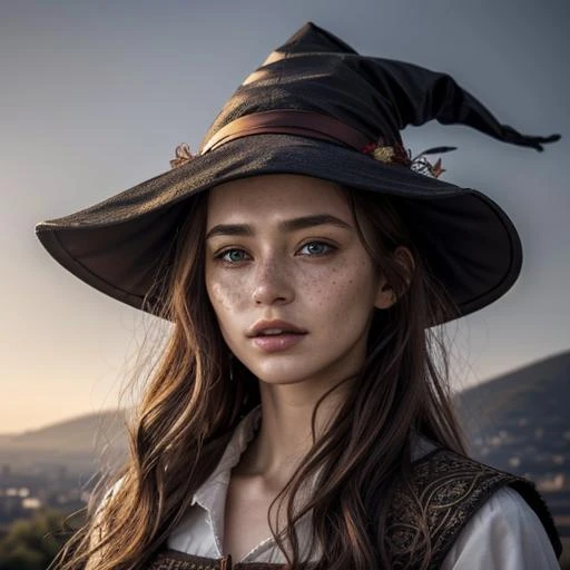 photorealistic, 35mm, intricate details, hdr, intricate details, hyperdetailed, natural skin texture, hyperrealism, sharp, 1 girl, adult (elven:0.7) woman, freckles, grey eyes, chestnut layered hair, portrait, looking down, solo, half shot, detailed background, witch hat, witch, magical atmosphere, hair flowing in the wind, red trimmed light colored clothes, whirlwind of swirling magic spell in the air, dark magic, (style-swirlmagic:0.8), floating particles,