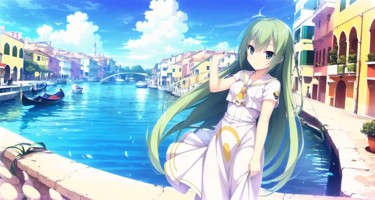 (masterpiece), (best quality), (ultra-detailed), photorealistic, (best illustration), (an extremely delicate and beautiful), 1girl, standing, full body, feet out of frame, detailed scenery, venice canal, blue sky, white cloud, seagull, solo, very long hair, green hair,  white dress, sailor collar, short sleeves, extremely detailed eyes, detailed pupils,  (finely detailed iris), <lora:Alice Carroll ARIA_v1:1:OUTD> small breasts, <lora:flat1:-0.1>, looking back, flowing hair, sidelocks,