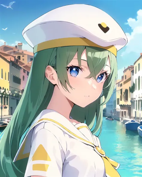 (masterpiece), (best quality), (ultra-detailed), photorealistic, (best illustration), (an extremely delicate and beautiful), 1girl, cowboy shot, detailed scenery, venice canal, blue sky, white cloud, diffraction spikes, seagull, solo, long hair, green hair, white dress, sailor collar, hat, short sleeves, extremely detailed eyes, detailed pupils, (finely detailed iris), <lora:Alice Carroll ARIA_v1:1> small breasts, <lora:flat1:0.4>