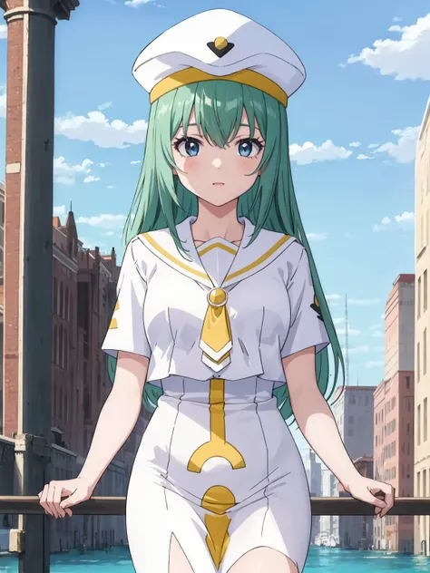 masterpiece, best quality, 1girl, solo, <lora:ali22-6:1>,white_dress,sailor_collar,hat,city,water,blue_sky,