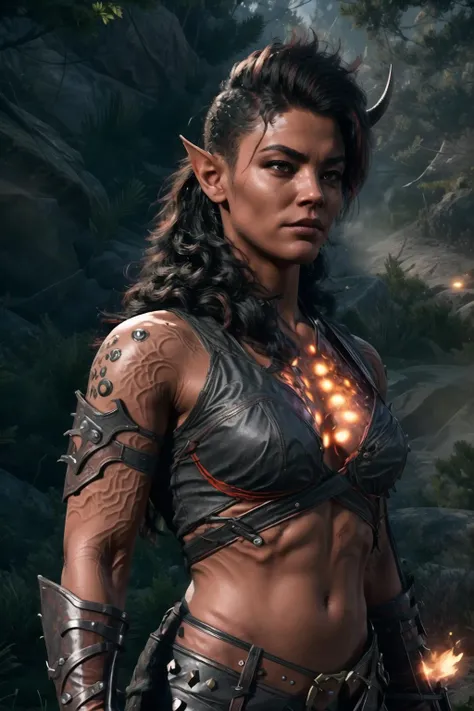 <lora:karlach-07:0.8> karlach,1girl, horns,demon tail, crop top, underboob,  <lora:add_detail:1>, portrait, (bloody scars:0.7), looking at viewer, solo, upper body, detailed background, close up, detailed face, (<lyco:SteamPunkBundleV3:0.5>, ManyPipesAI theme:1.1), futuristic shining digital green adamantium armor, thick  armor, crystalline pattern,  high-tech,  microchips,   cybernetics, (small high-tech goggles:0.8), head-up display, dynamic pose, epic  starry outer space in background,     sparks, electricity,  screens, hologram, cinematic atmosphere,