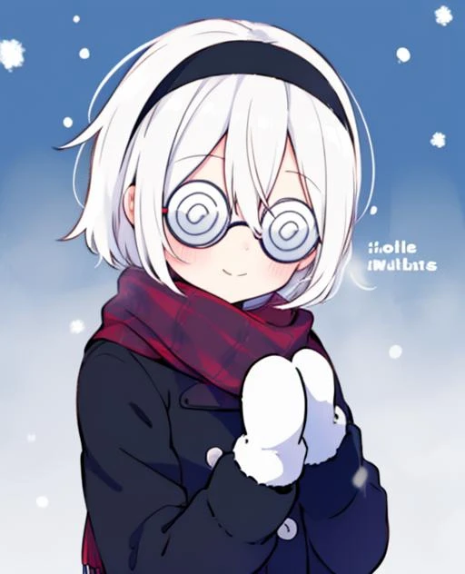 <lora:binzokomegane:1> 1girl, solo, ((coke-bottle_glasses)), flat_chest, upper_body, white_hair, short_hair, hair_between_eyes, hairband, black_hairband, closed_mouth, smile, blush, mittens, snowing, village, scarf, breath, winter_clothes