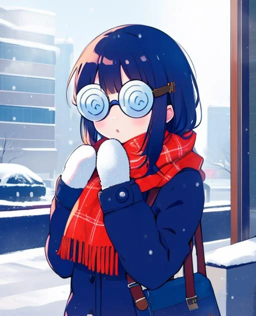 <lora:binzokomegane:1> 1girl, solo, ((coke-bottle_glasses:1.2)), :o, cowboy_shot, mittens, snowing, city, scarf, breath, winter_clothes