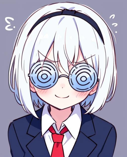 <lora:binzokomegane:1> 1girl, solo, ((coke-bottle_glasses)), smile, closed_mouth, simple_background, upper_body, white_hair, short_hair, hair_between_eyes, hairband, black_hairband, blue_jacket, blazer, red_necktie, :D, blush, flying_sweatdrops, angry, surprised