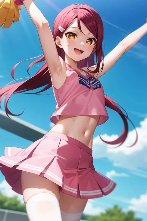 absurdres, highres, masterpiece, best quality,
sakurauchi riko, wine red hair, long hair, hairclip, yellow eyes, skinny, thin legs, BREAK,
(cheerleader, light pink and white sleeveless shirt, light pink and white skirt:1.2), midriff, (white thighhighs:1.1), sweatdrop,
looking at viewer, (smile:0.9),
locker room,
<lora:RikoLL_v1:0.55>