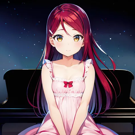 (masterpiece, best quality, ultra-detailed), (illustration), pov_across_piano, starry sky, (beautiful detailed eyes), (1girl), (solo), sakurauchi riko, playing piano, sitting,  red hair, yellow eyes, long hair, floating hair, hairclip, <lora:RikoLL_v1:0.4:MIDD>,pink nightgown,