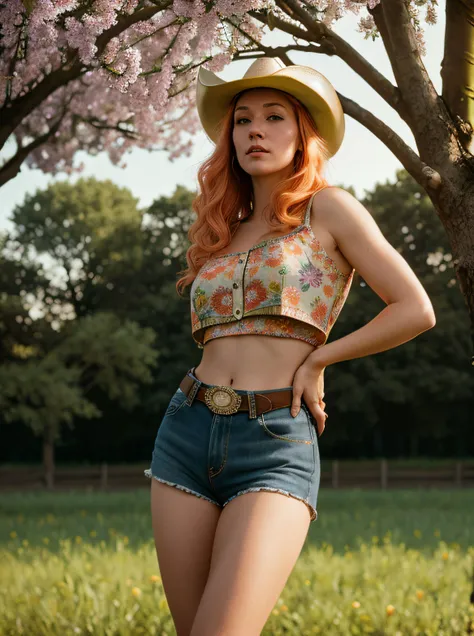 masterpiece, highest quality, colorful cinematic lighting, portrait photograph of female peach farmer with overflowing [orange|yellow] hair, crop top , daisy dukes, ornate leather cowboy boots, (wearing cowboy hat), (perfect face:1.1), standing under a peach tree in rolling pasture, sunset in the background, dappled light, romantic, HDR, highly detailed, hasselblad, 8k, hyper realistic, eye level shot, f1.4 aperture, 8mm film grain, cinestill 800 , art by rutkowski and mucha, ,
