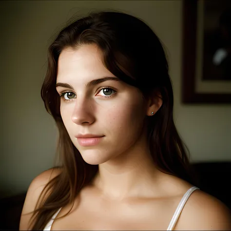 front shot, portrait photo of a 25 y.o american woman, looks away, natural skin, skin moles, cozy interior, (cinematic, film grain:1.1)