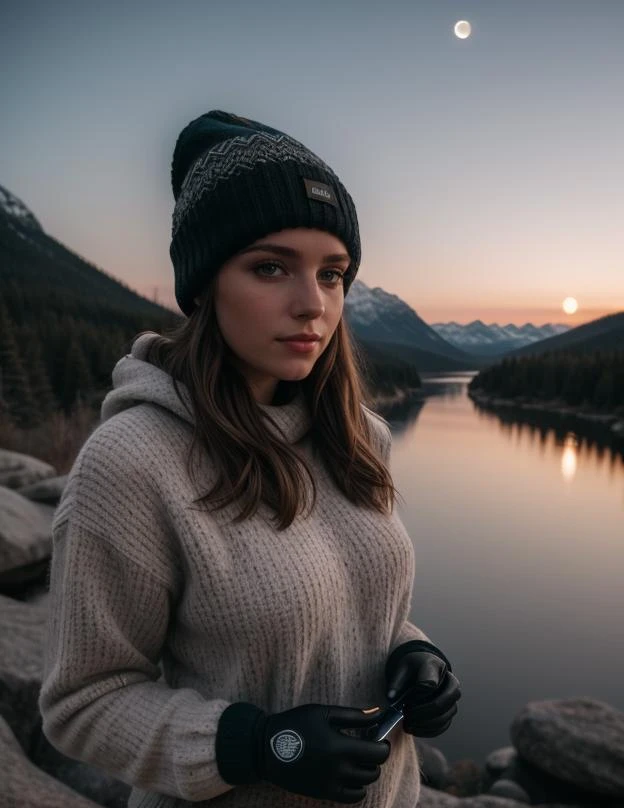 photorealistic, best quality, hyper detailed, beautiful woman, selfie photo, upper body, solo, wearing pullover, outdoors, (night), mountains, real life nature, stars, moon, (cheerful, happy), sleeping bag, gloves, sweater, beanie, flashlight, forest, rocks, river, wood, smoke, fog, clear sky, analog style, looking at viewer, skin texture, film grain, close up, ultra high res, best shadow, RAW, instagram LUT