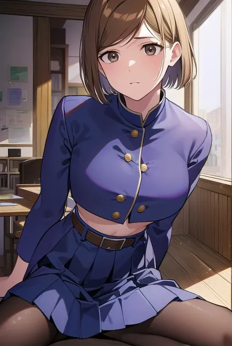 Nobarakugisaki, Nobara Kugisaki, Bob Cut, (brown eyes:1.7), brown hair, labios, pelo corto,
BREAK Belt,
DESCANSO mirando al espectador,
DESCANSO en interiores, Classroom,
QUEBRAR (Obra maestra:1.2), La mejor calidad, High resolution, Unidad 8K Fondo de pantalla, (illustration:0.8), (hermosos ojos detallados:1.6), Cara extremadamente detallada, Perfect lighting, CG extremadamente detallado, (Manos perfectas, Perfect anatomy), pose sexi, sensual, provocativa