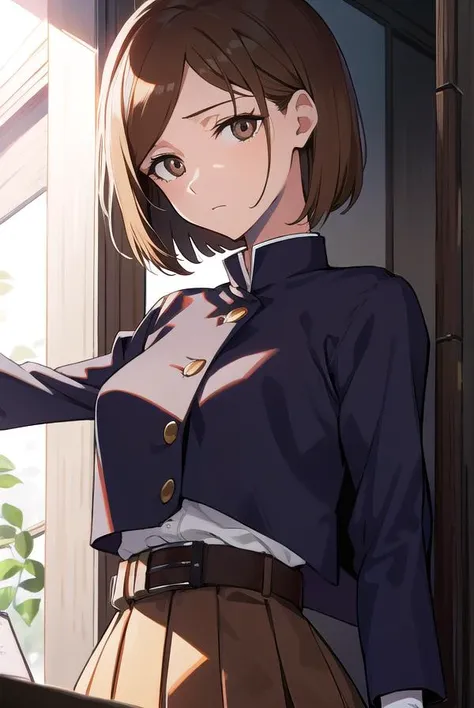 nobarakugisaki, <lyco:nobarakugisaki-LYCORIStest:1>,
nobara kugisaki, bob cut, (brown eyes:1.5), brown hair, lips, short hair,
BREAK belt, brown belt, brown pantyhose, crop top, crop top overhang, jujutsu tech uniform, pantyhose, pleated skirt, shirt tucked in, skirt,
BREAK looking at viewer,
BREAK indoors, classroom,
BREAK <lora:GoodHands-vanilla:1>, (masterpiece:1.2), best quality, high resolution, unity 8k wallpaper, (illustration:0.8), (beautiful detailed eyes:1.6), extremely detailed face, perfect lighting, extremely detailed CG, (perfect hands, perfect anatomy),