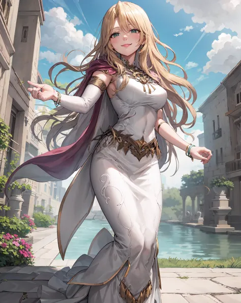 fullbody, standing,<lora:elimine-000007:1>  , fe_elimine,(wavy hairs,eductive smile:1.2),half-closed_eyes, dress,gloves, white dress, elbow gloves,  single glove,long dress, looking at viewer, cape, jewelry,medium breasts, closed mouth, breasts, white gloves,armlet, bracelet, circlet, gold trim,outdoor,(masterpiece, best quality, ultra-detailed, best shadow)