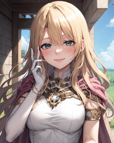 upper body, <lora:elimine-000007:0.8> , fe_elimine,(wavy hairs,eductive smile:1.2),half-closed_eyes, dress,gloves, white dress, elbow gloves, single glove,long dress, looking at viewer, cape, jewelry,medium breasts, closed mouth, breasts, white gloves,armlet, bracelet, circlet, gold trim,outdoor,(masterpiece, best quality, ultra-detailed, best shadow)