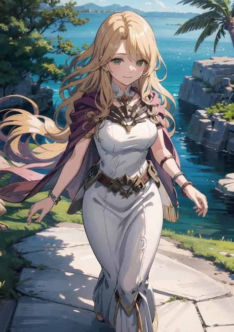 fullbody, standing,<lora:elimine-000007:1> , fe_elimine,(wavy hairs,eductive smile:1.2),half-closed_eyes, dress,gloves, white dress, elbow gloves, single glove,long dress, looking at viewer, cape, jewelry,medium breasts, closed mouth, breasts, white gloves,armlet, bracelet, circlet, gold trim,outdoor,(masterpiece, best quality, ultra-detailed, best shadow)
